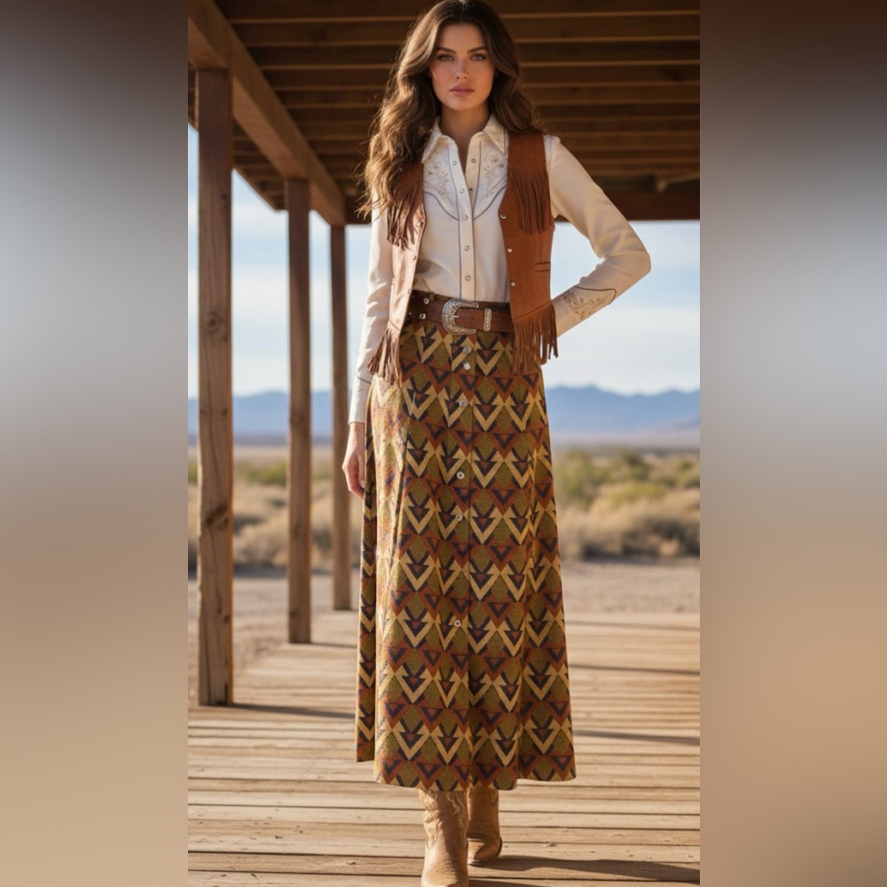 Vintage 1970’s Country Set Geometric Patterned Maxi Skirt